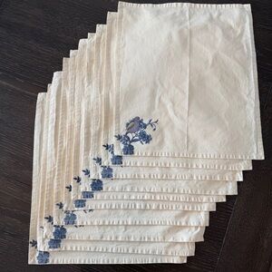 Set of 10 Cream Dinner Napkins with Blue Bird & Floral Print NEW Spring Boho